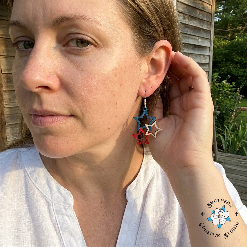 Red White & Blue Star Cluster Earrings on model – handmade patriotic jewelry