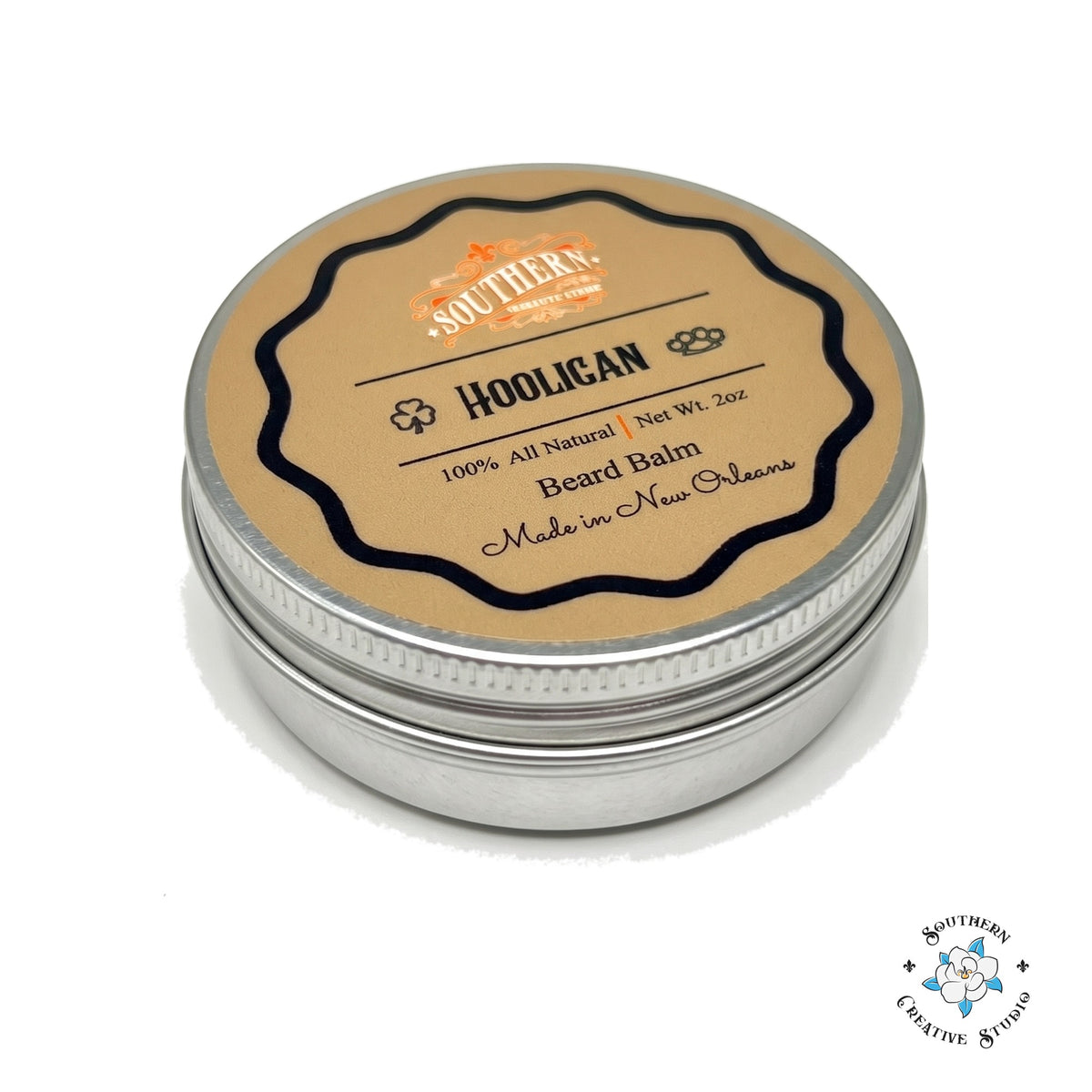 Hooligan beard balm 2 oz tin with lid on, white background