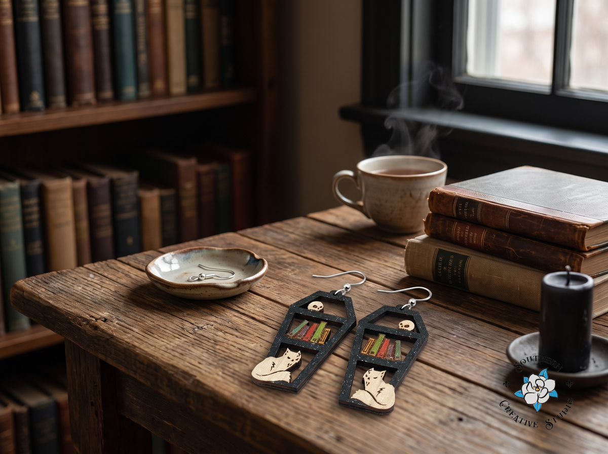 Handmade book lover coffin earrings styled in a dark academia reading nook with books and tea