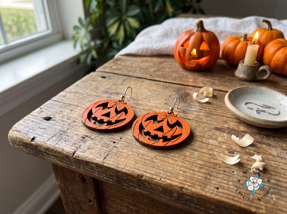 Jack-o'-lantern earrings on rustic wood table with glowing pumpkin and candle