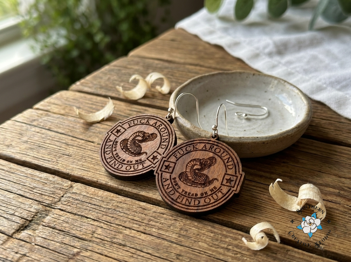 FAAFO snake medallion hand-painted wood earring styled on rustic wood with greenery