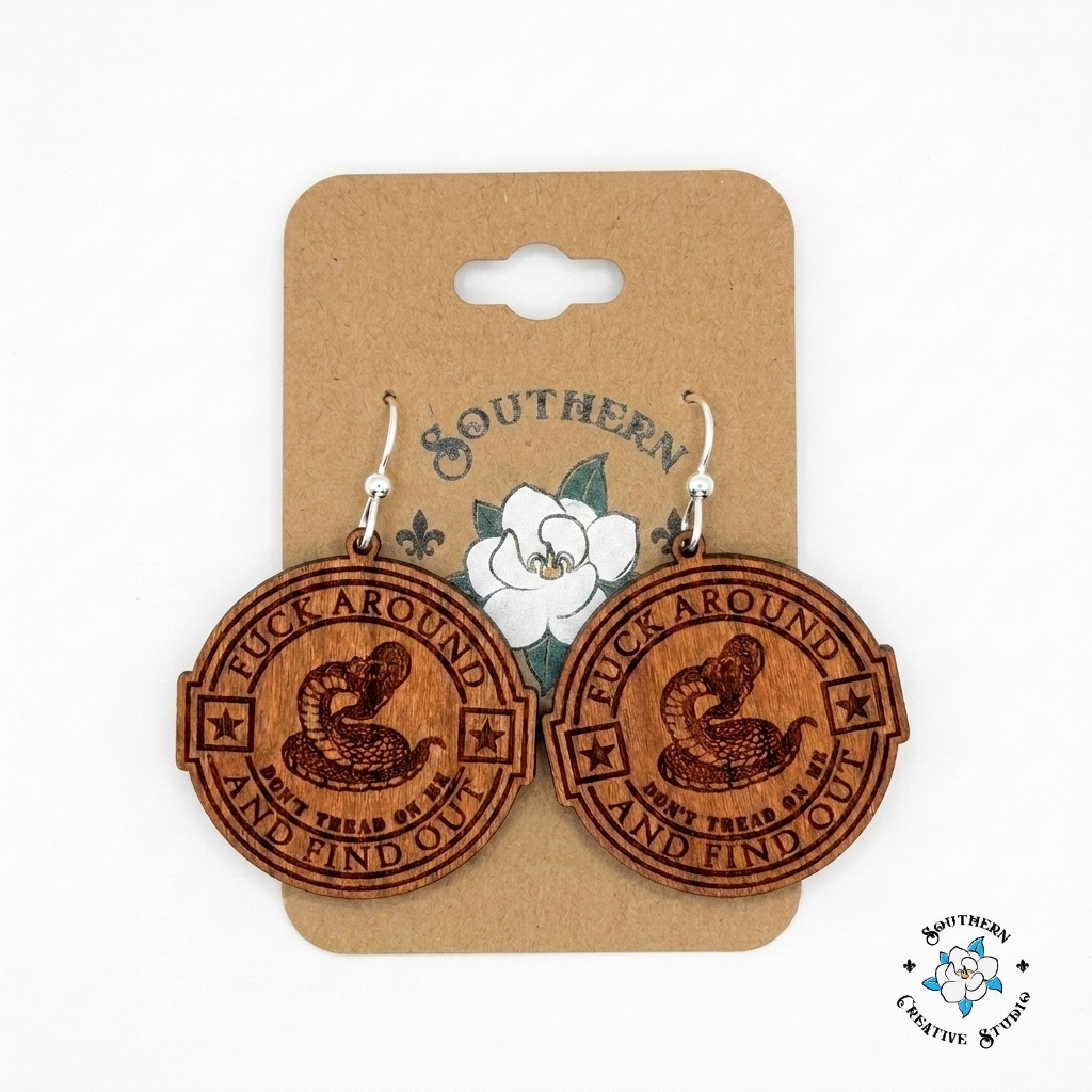 FAAFO Snake Medallion Earrings on Southern Creative Studio wood card – hand-painted engraved wood