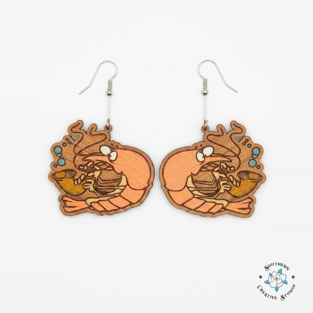 Silly Shrimp Earrings hand-painted wood earrings on white background – Southern Creative Studio