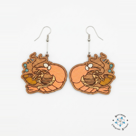 Silly Shrimp Earrings hand-painted wood earrings on white background – Southern Creative Studio