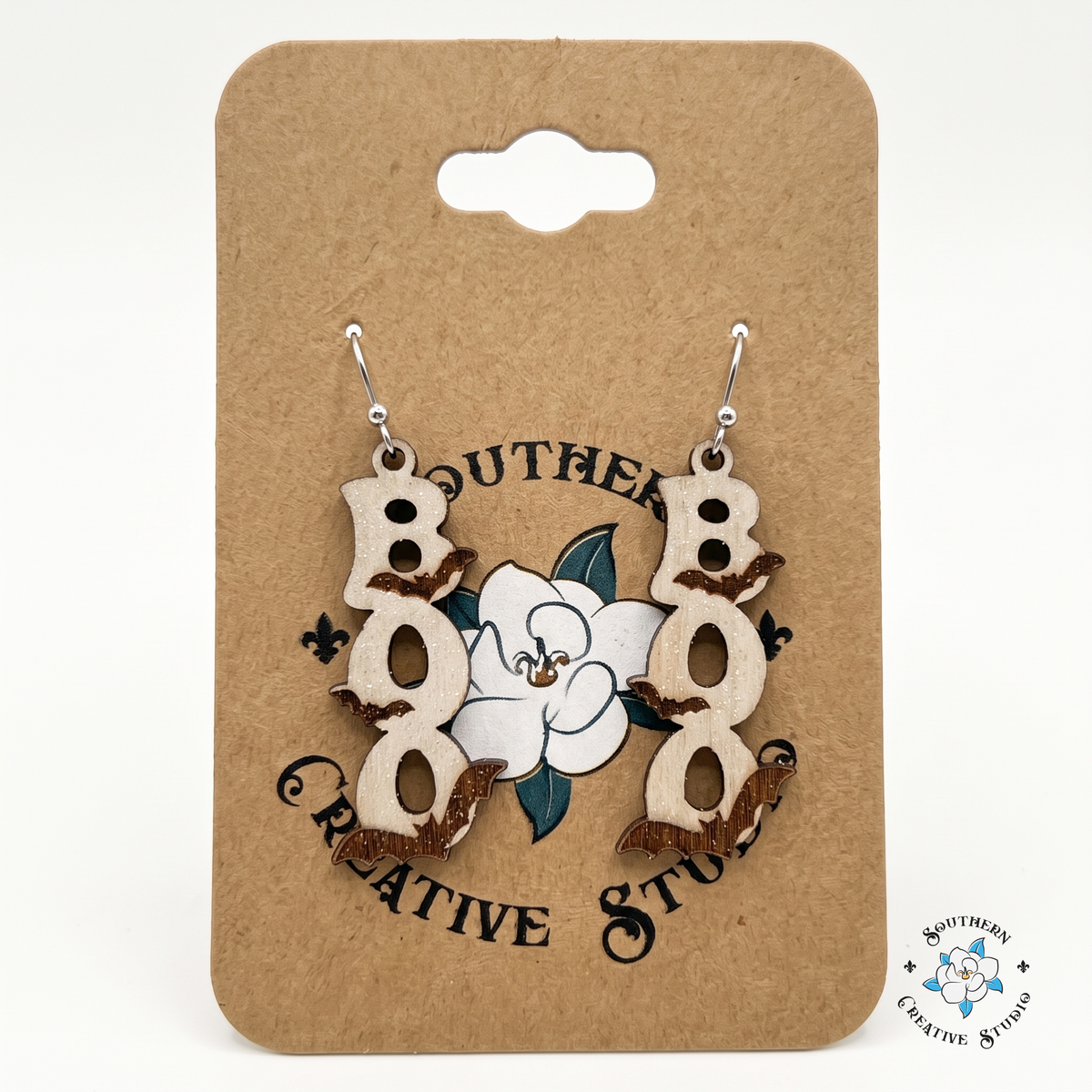 Wood BOO bat earrings on Southern Creative Studio hang card