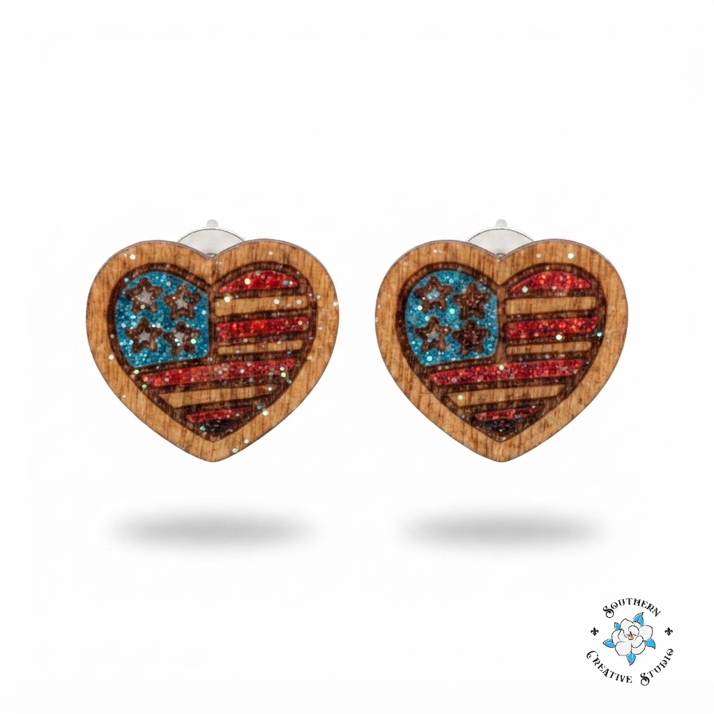 American Flag Heart Stud Earrings product shot on white background – Southern Creative Studio