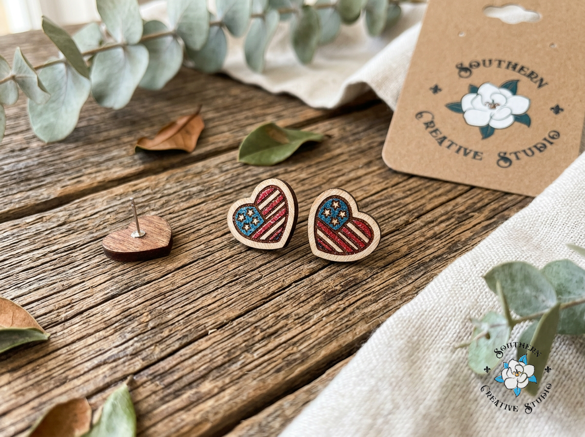 American Flag Heart hand-painted wood stud earring styled on rustic wood with greenery