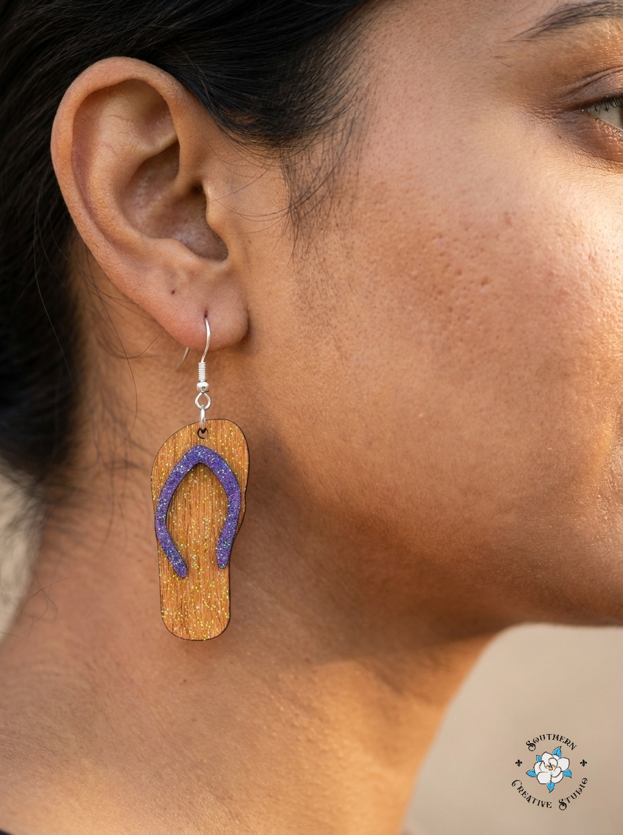 Glitter Flip-Flop Earrings - purple strap, close-up on model