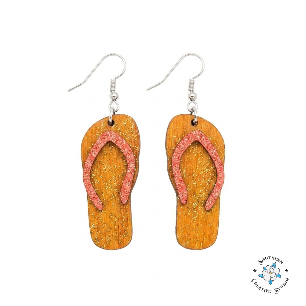 Glitter Flip-Flop Earrings - coral pink strap, white background