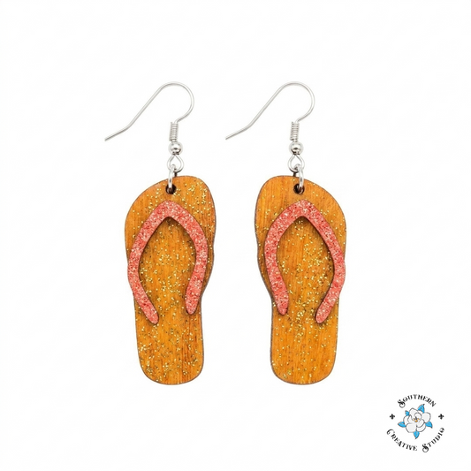 Glitter Flip-Flop Earrings - coral pink strap, white background