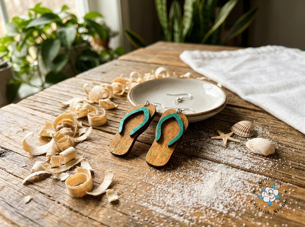 Glitter Flip-Flop Earrings - teal strap, beach lifestyle scene