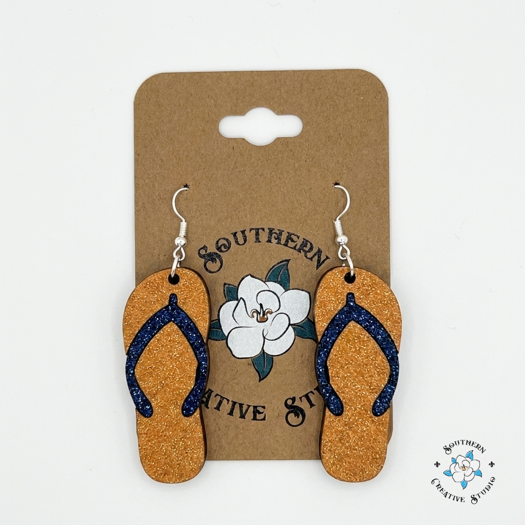 Glitter Flip-Flop Earrings - navy blue strap, on branded Southern Creative Studio card