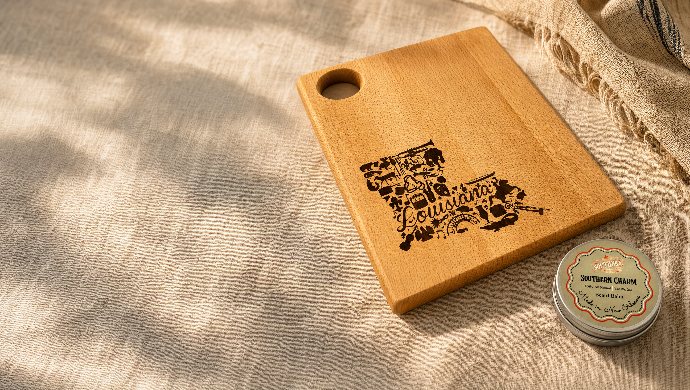 Handcrafted wood cutting board and beard balm, Southern Creative Studio hero banner