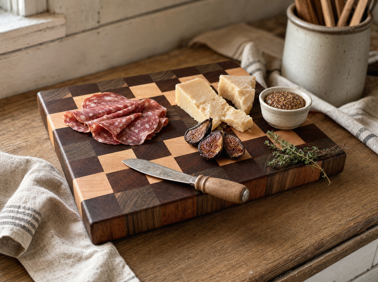 Checkered Pattern Butcher Block on a farmhouse kitchen counter