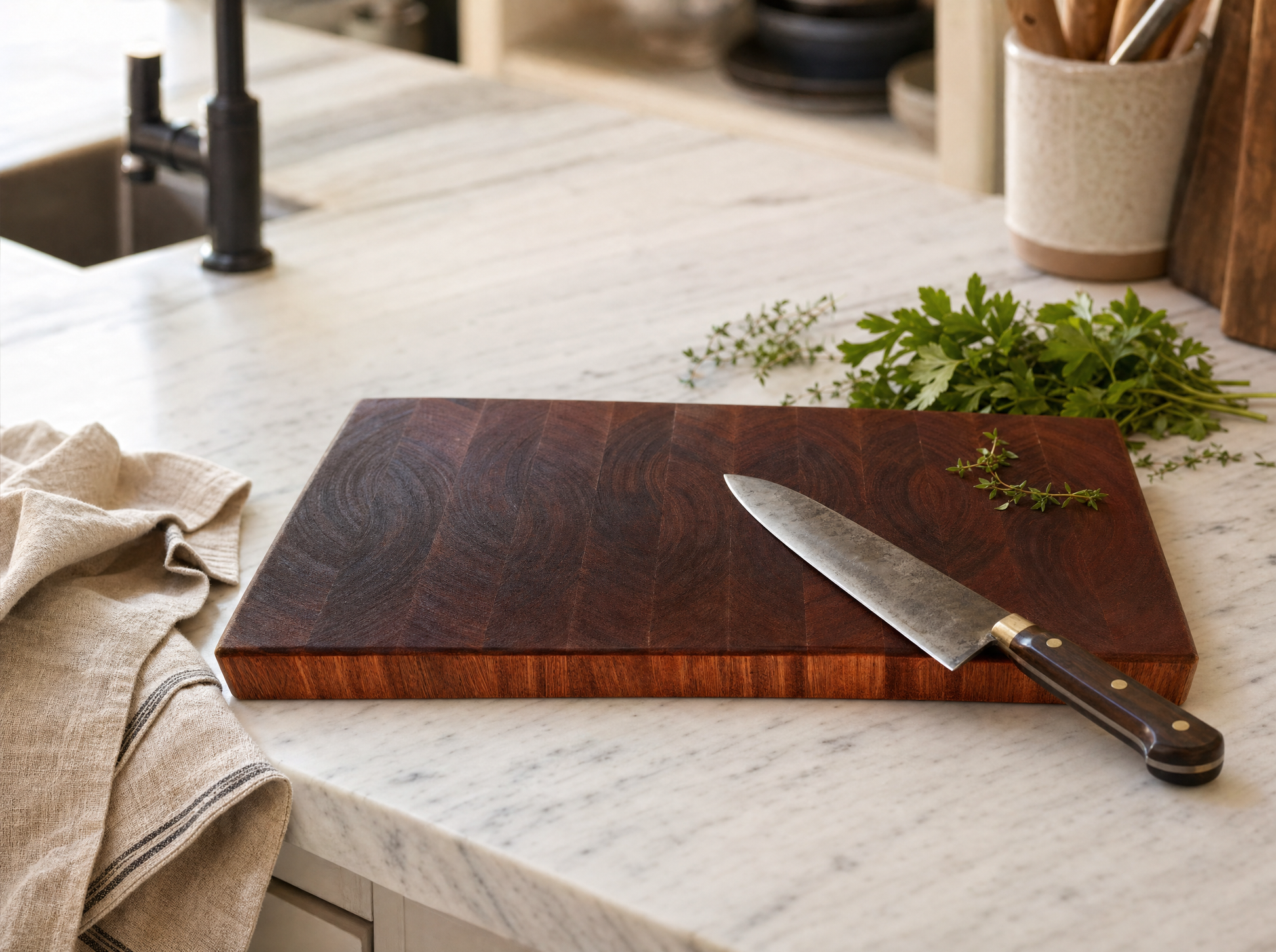 Mahogany End Grain Butcher Block on a modern kitchen island