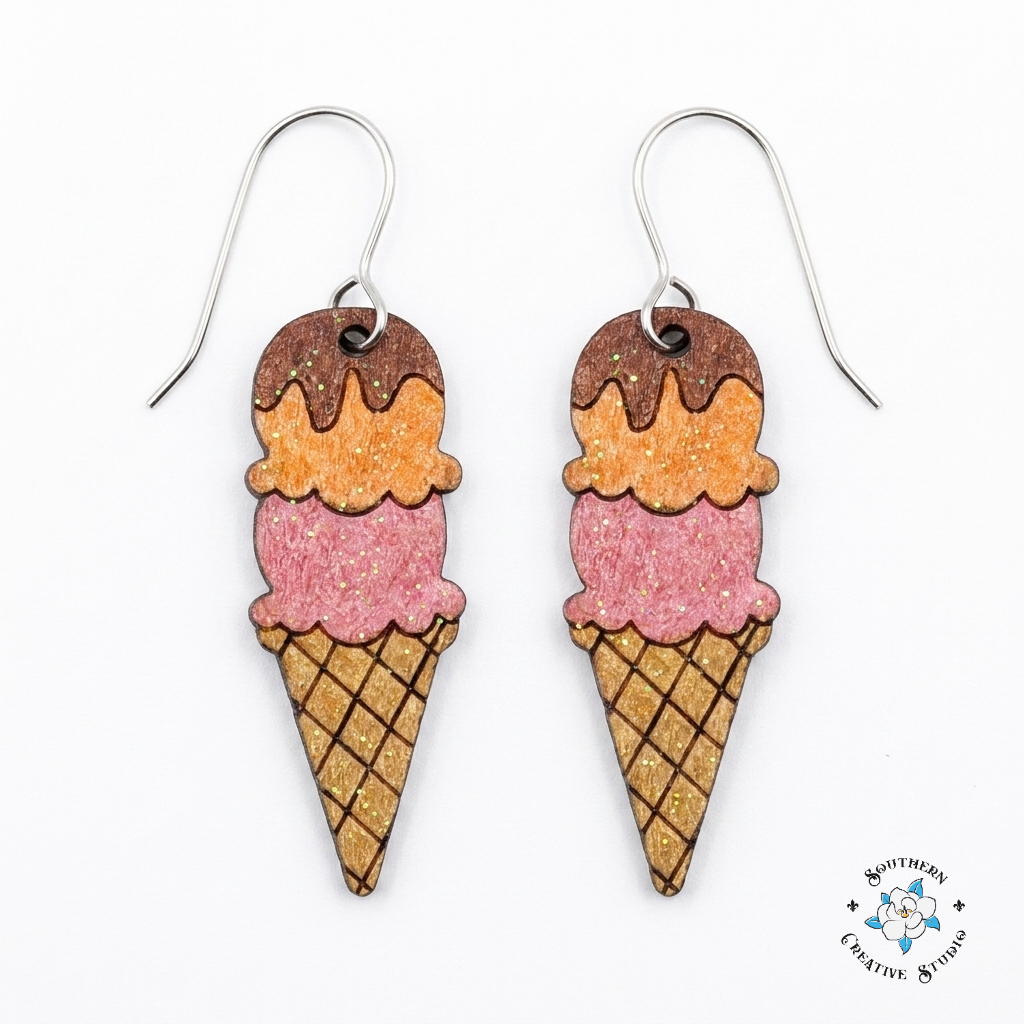 Ice Cream Cone hand-painted wood earrings product shot on white background – Southern Creative Studio