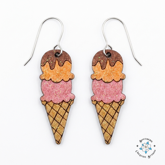 Ice Cream Cone hand-painted wood earrings product shot on white background – Southern Creative Studio