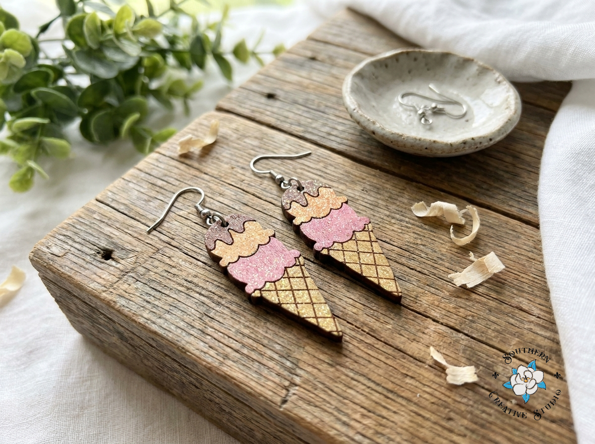 Ice Cream Cone earrings styled with wood shavings and a ceramic dish