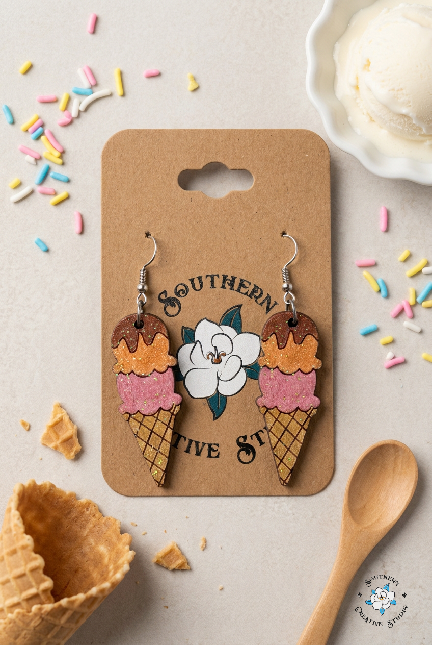 Flat lay moodboard of Ice Cream Cone hand-painted wood earrings on Southern Creative Studio card with summer dessert props