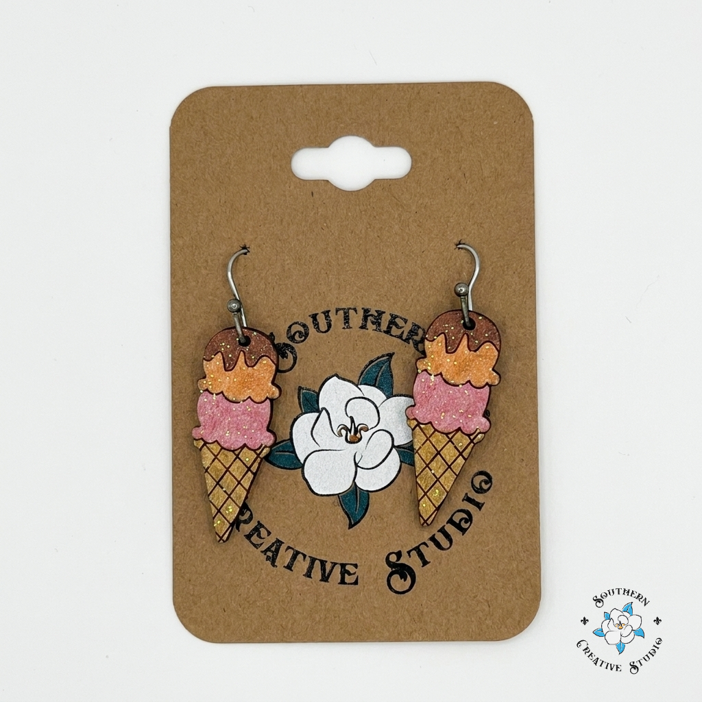 Ice Cream Cone earrings on Southern Creative Studio card – chocolate orange pink glitter wood