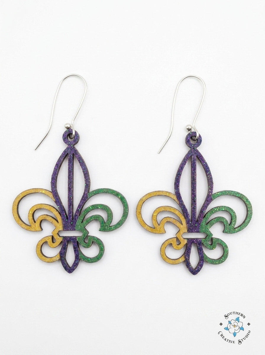 Mardi Gras Fleur-de-Lis hand-painted wood earrings product shot on white background – Southern Creative Studio