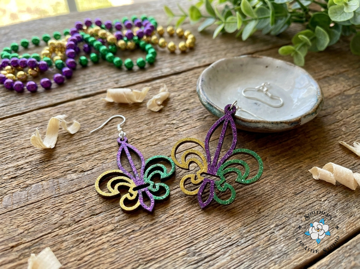 Mardi Gras Fleur-de-Lis earrings styled with New Orleans carnival beads and doubloons