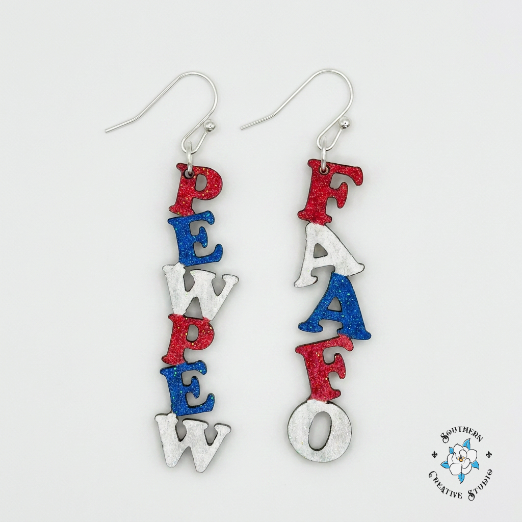 PEWPEW FAAFO Earrings product shot on white background – Southern Creative Studio