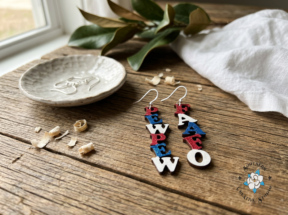 PEWPEW FAAFO hand-painted wood earring styled on rustic wood with greenery
