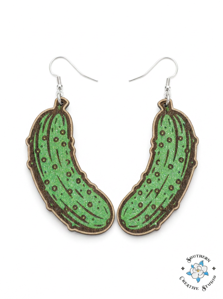 Hand-painted green glitter wood pickle dangle earrings on white background – Southern Creative Studio