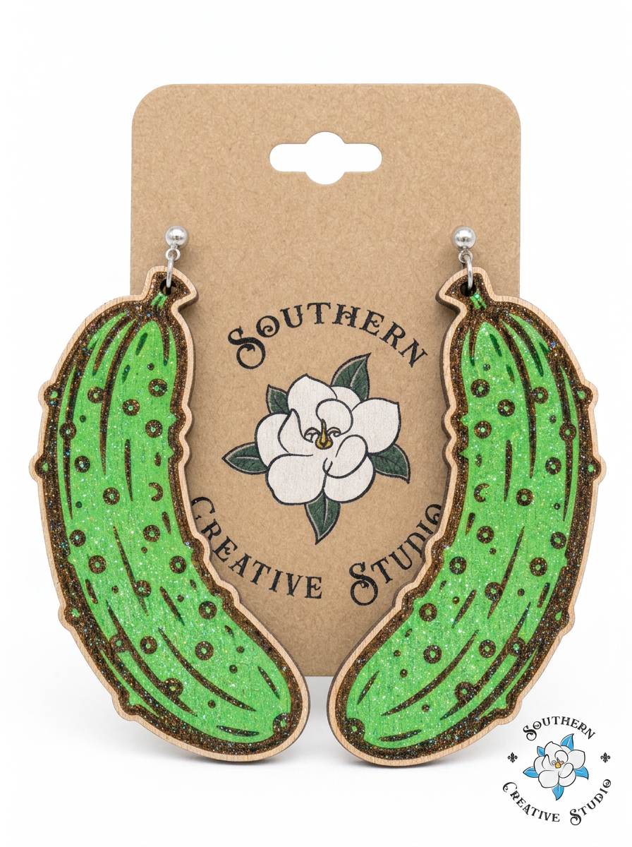 Pickle earrings on Southern Creative Studio magnolia gift card