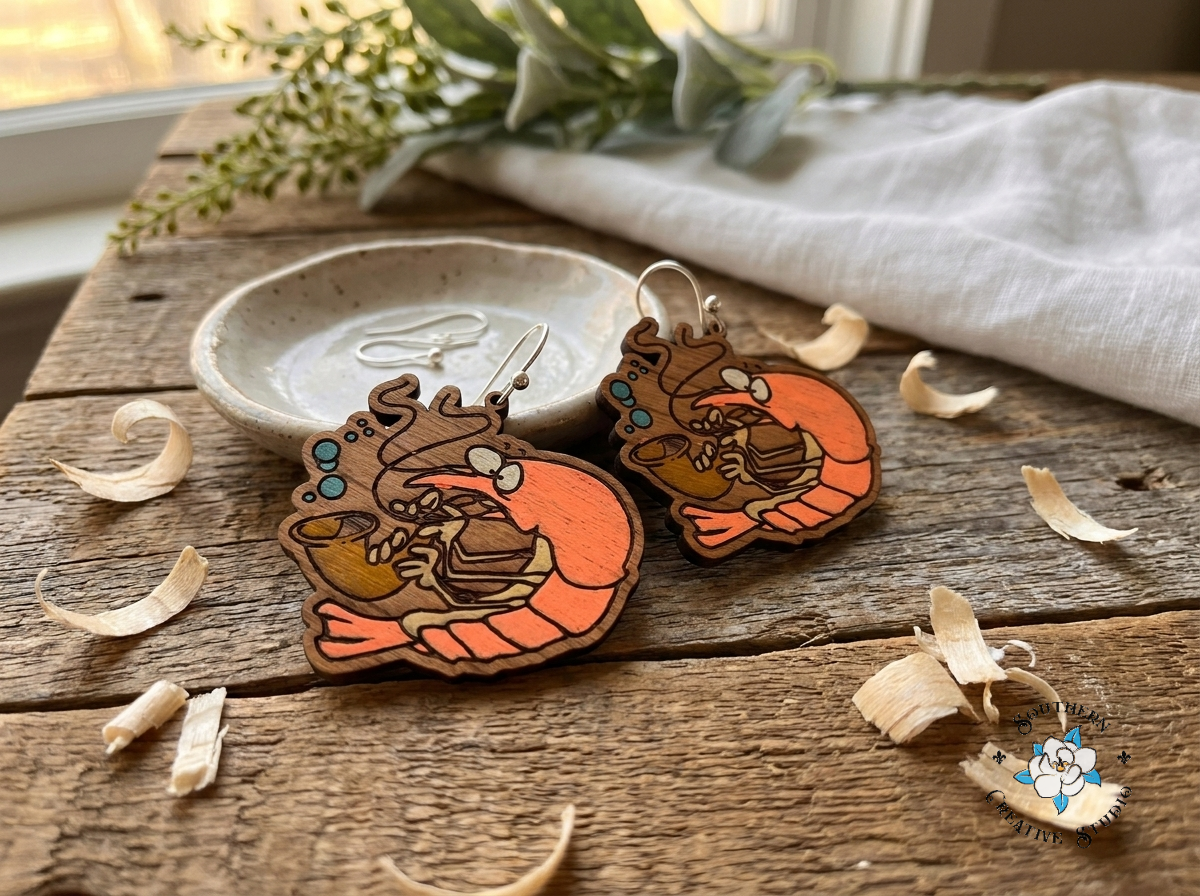 Silly Shrimp hand-painted wood earring styled on rustic wood with greenery
