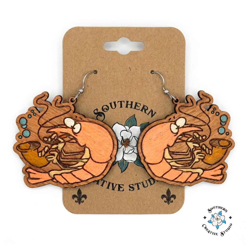 Silly Shrimp Earrings on Southern Creative Studio wood card – hand-painted cartoon shrimp