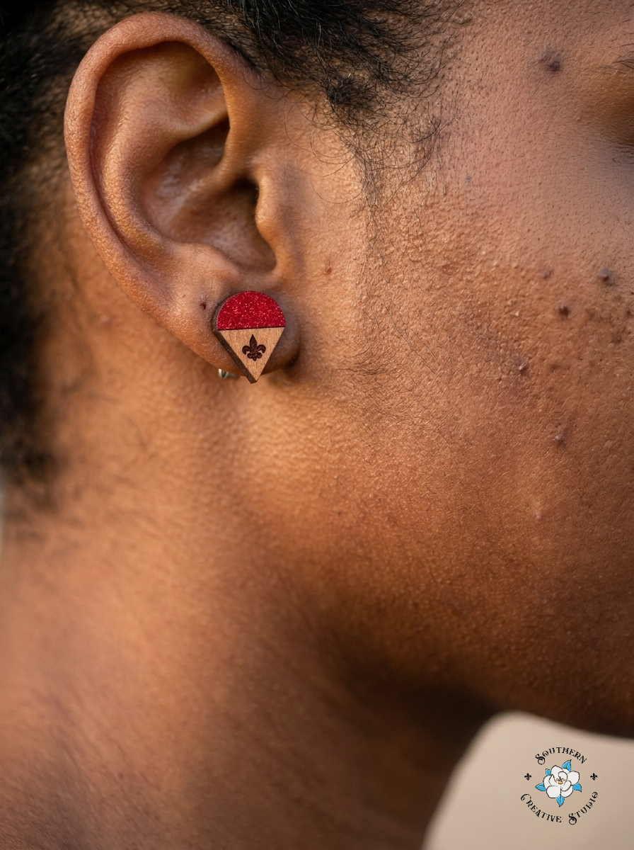 Snowball Earrings - red flavor, close-up on model