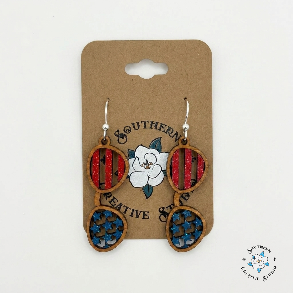 USA Flag Sunglasses Earrings on Southern Creative Studio card – hand-painted wood