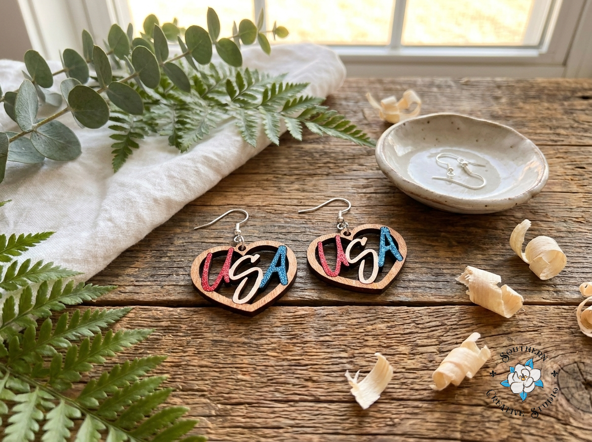 USA Heart hand-painted wood earring styled on rustic wood with greenery