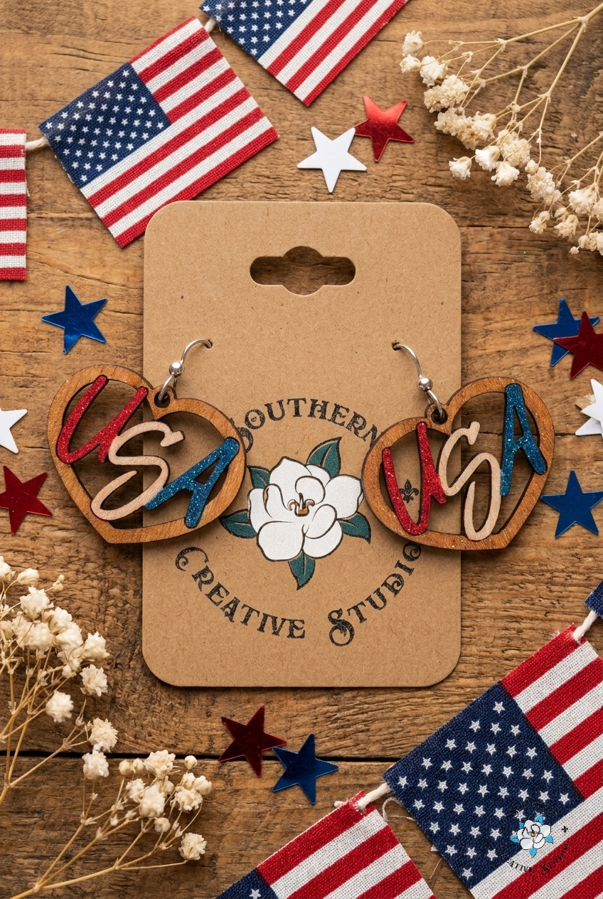 Flat lay moodboard of USA Heart hand-painted wood earrings on Southern Creative Studio card
