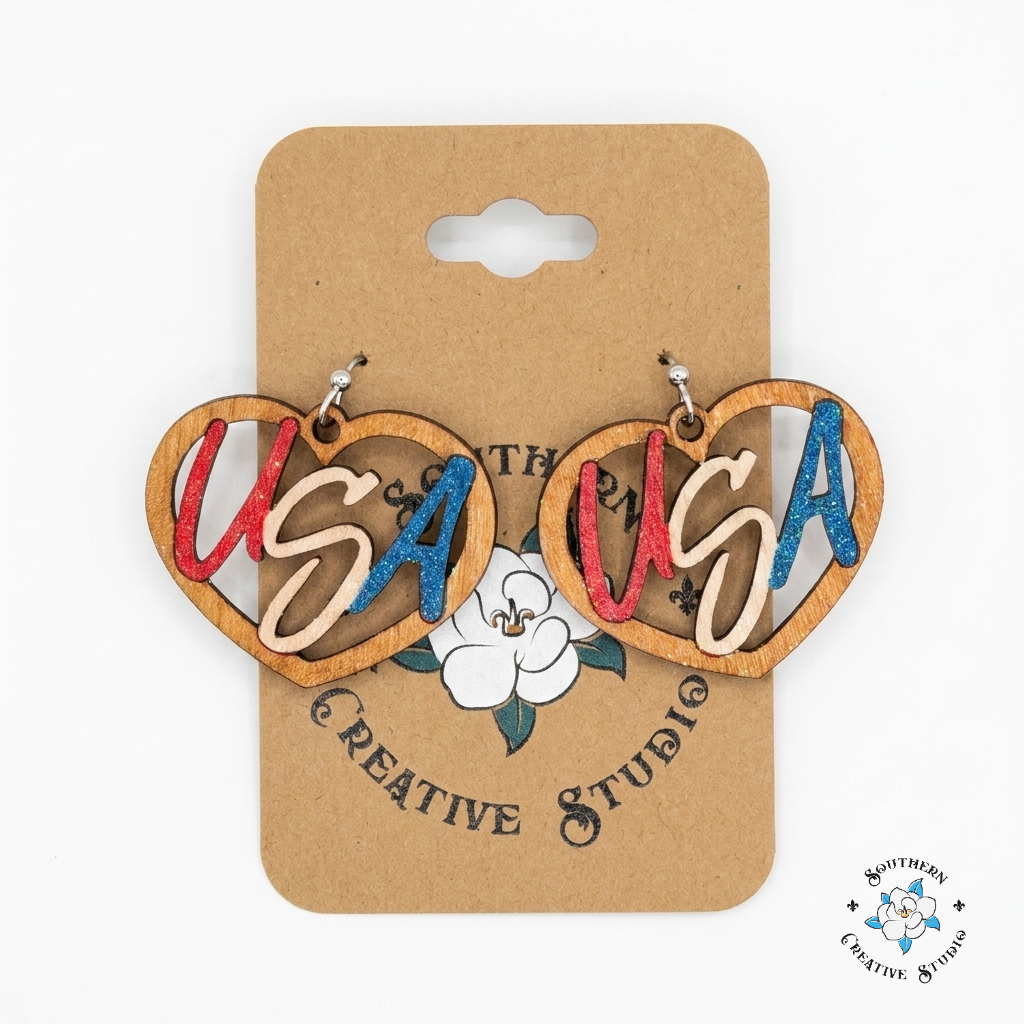USA Heart Earrings on Southern Creative Studio wood card – hand-painted red white and blue glitter