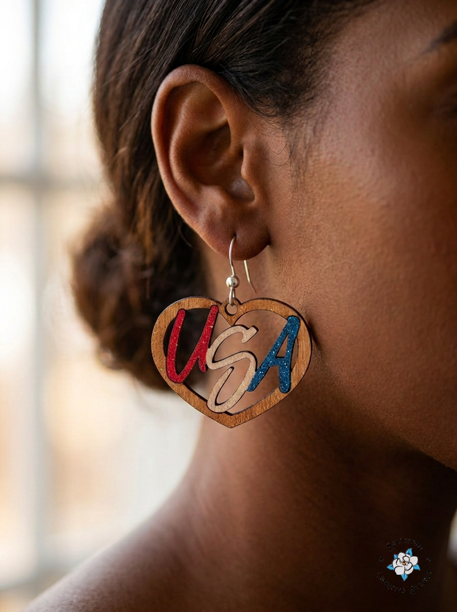 Close up of USA Heart hand-painted wood earring on ear