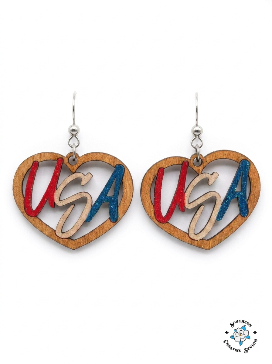 USA Heart Earrings product shot on white background – Southern Creative Studio
