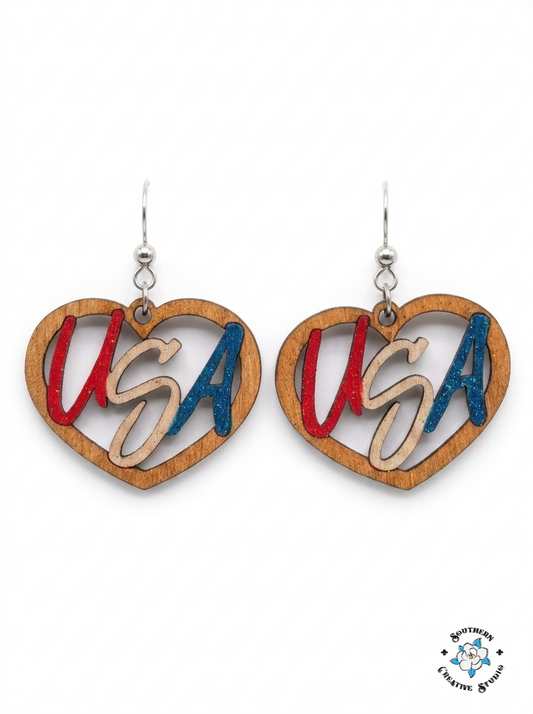 USA Heart Earrings product shot on white background – Southern Creative Studio