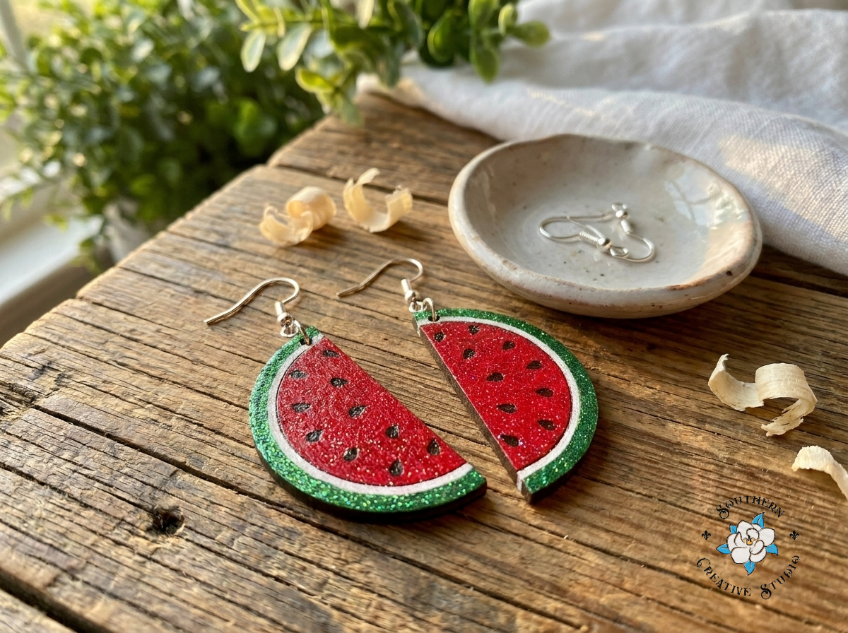 Watermelon Slice hand-painted wood earring styled on rustic wood with greenery