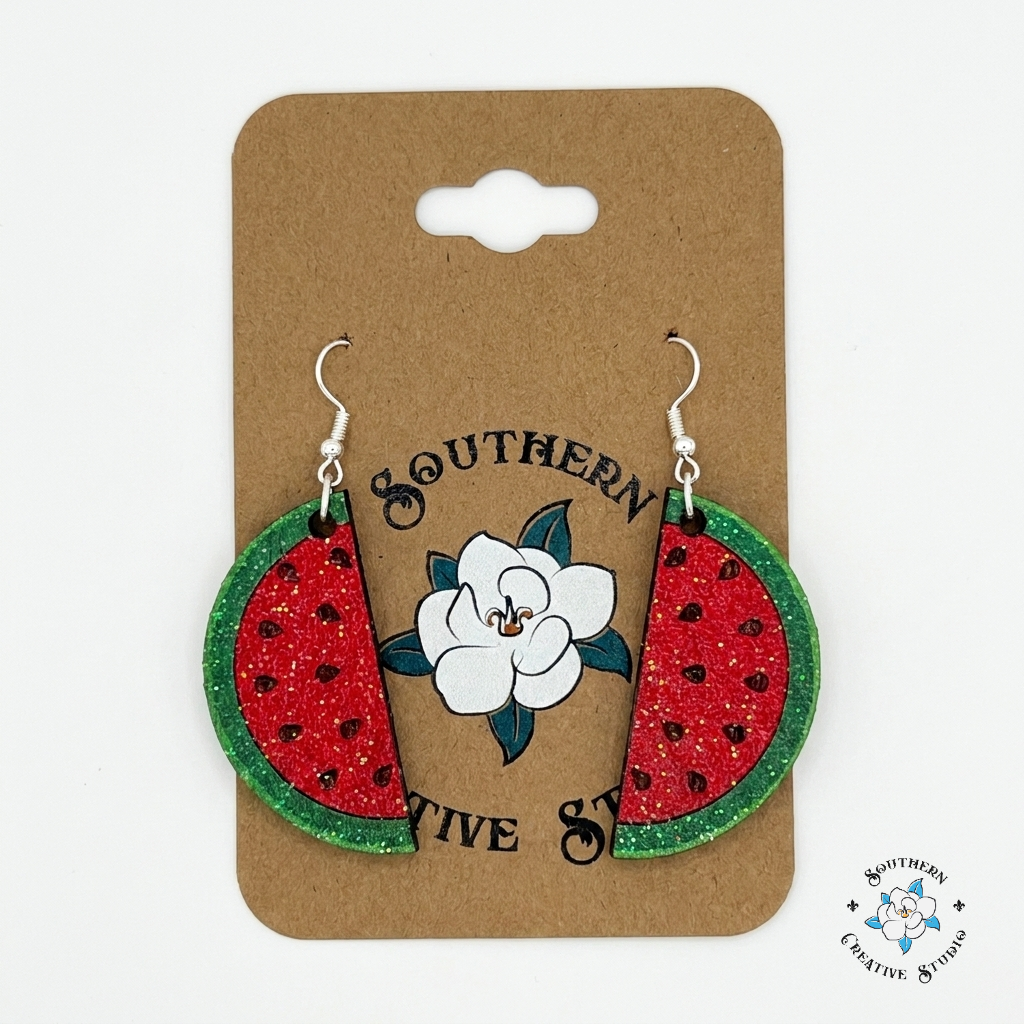 Watermelon Slice Earrings on Southern Creative Studio wood card – hand-painted glitter wood