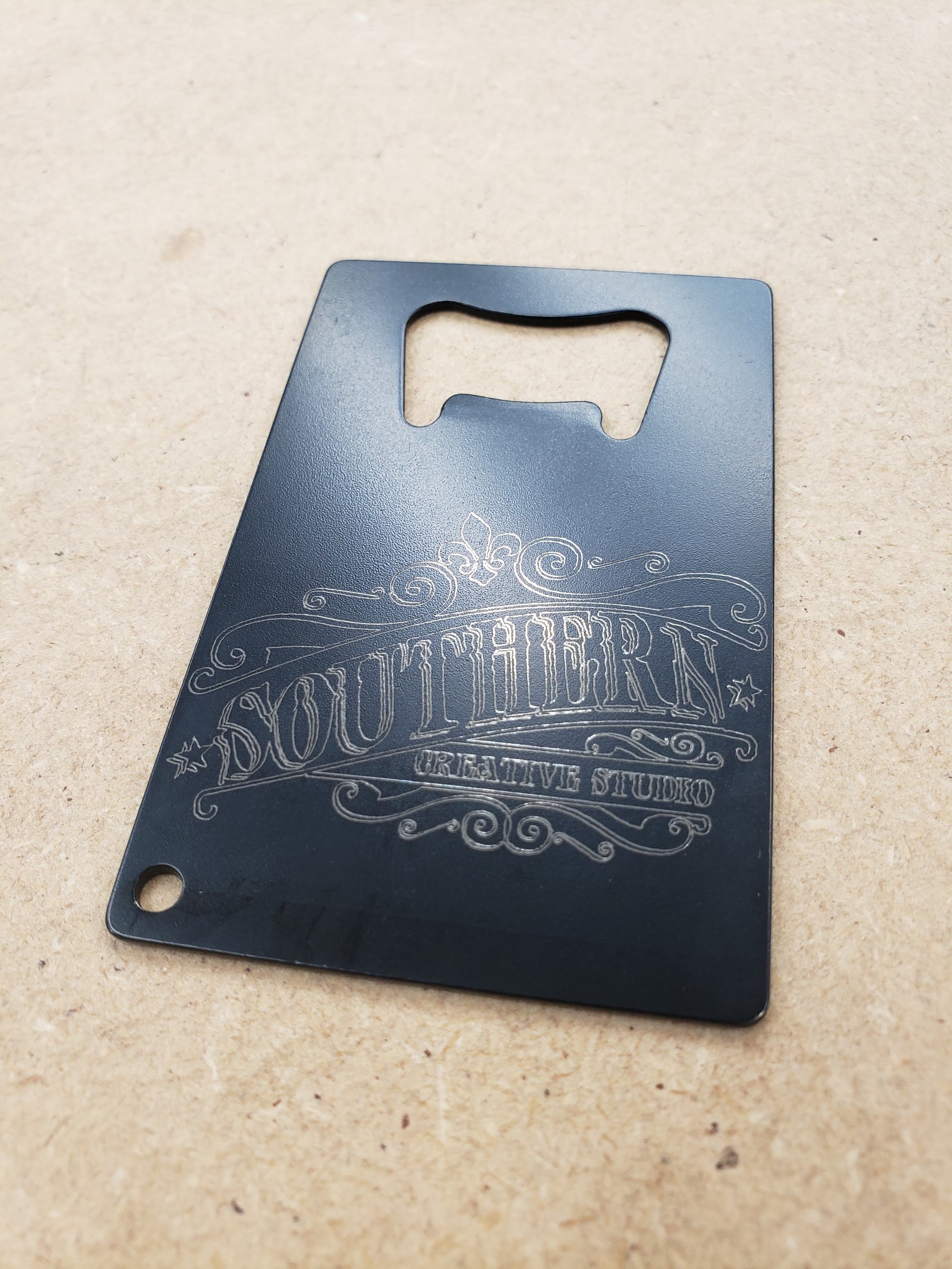 Custom Engraved Bottle Opener, handmade by Southern Creative Studio in New Orleans – detail